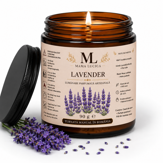 Mama Lucica Lavender – Lumânare parfumată artizanală din ceară de soia, 90 g