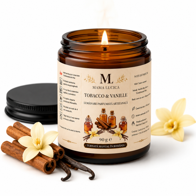 Lumânare parfumată artizanală Tobacco & Vanilla – Ceară de soia 90 g | Mama Lucica