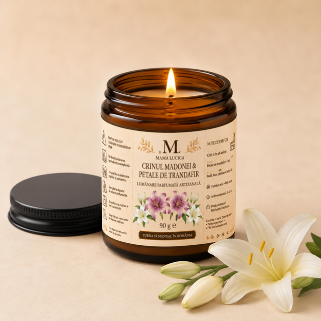 Lumânare Parfumată Artizanală Mama Lucica – Crinul Madonei & Petale de Trandafir – 90 g